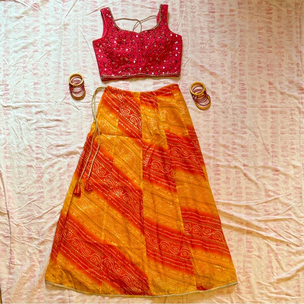 Indian Lehenga Choli Set — Red, Orange, & Yellow